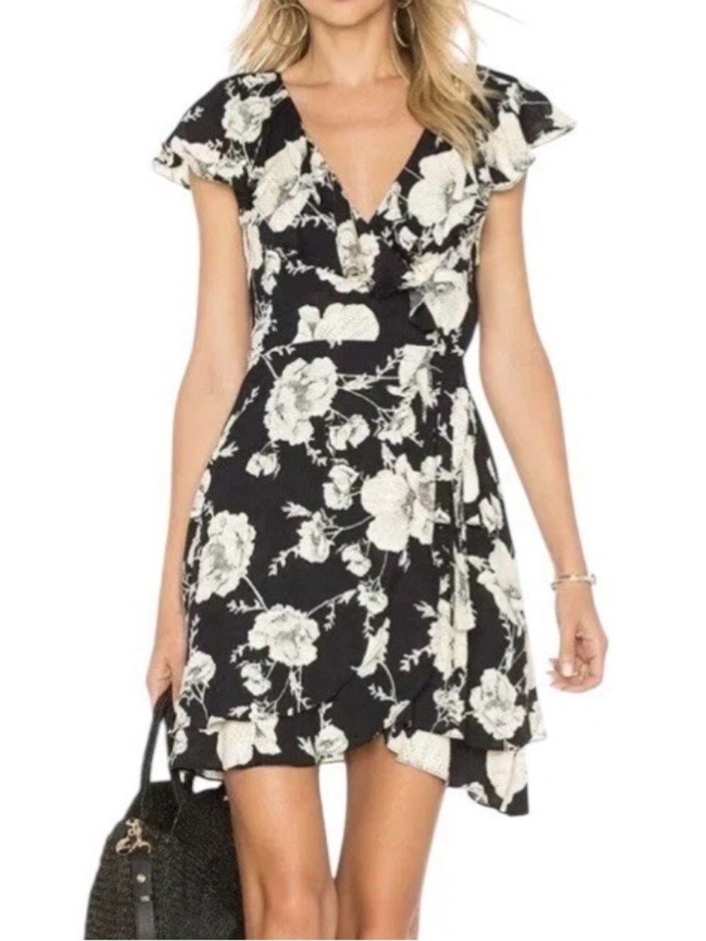 Free People Black & White Floral Wrap Mini Dress